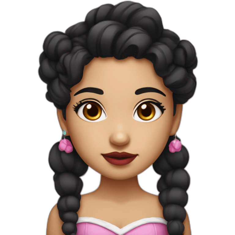 A cute Métis girl with a very clear complexion. She has black hair with large curls, which descend to her shoulders, and a pink lipstick on luscious lips. emoji