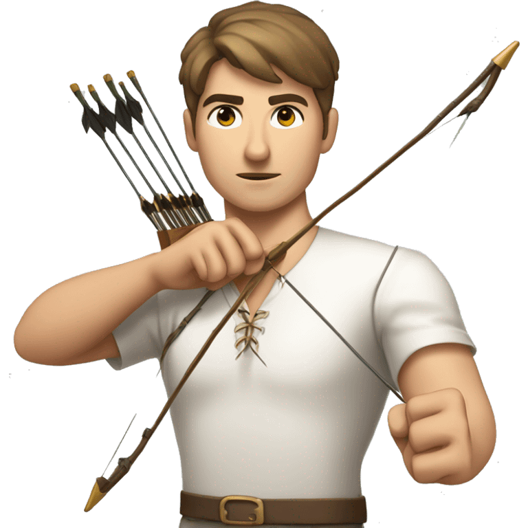 a male archer aiming with a bow facing  his target, eyes closed, wearing a white shirt, very short brown hair, bright skin, only show upper part of the body from waist up emoji