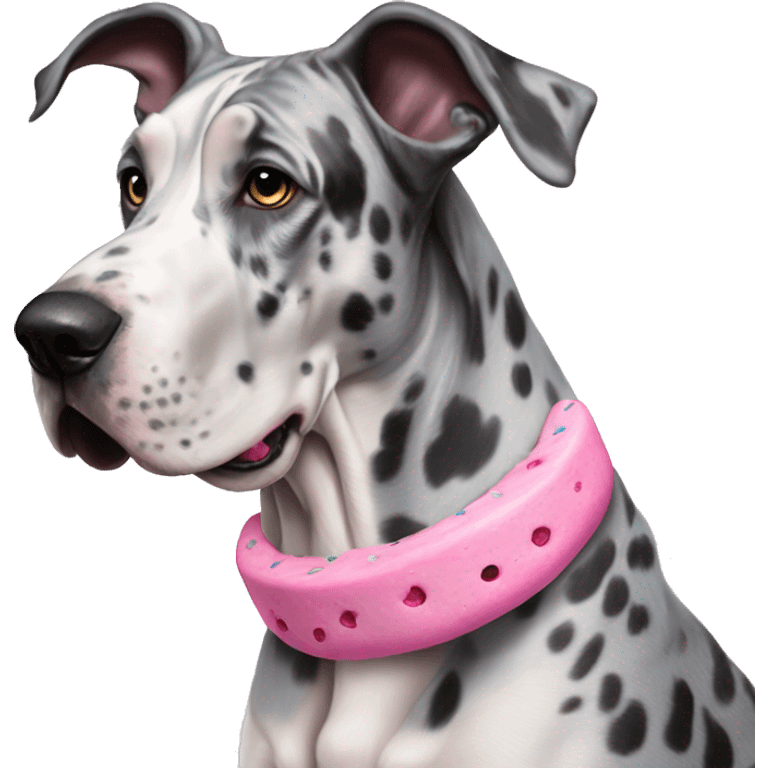 Blue Merle Great Dane eating pink cookies emoji