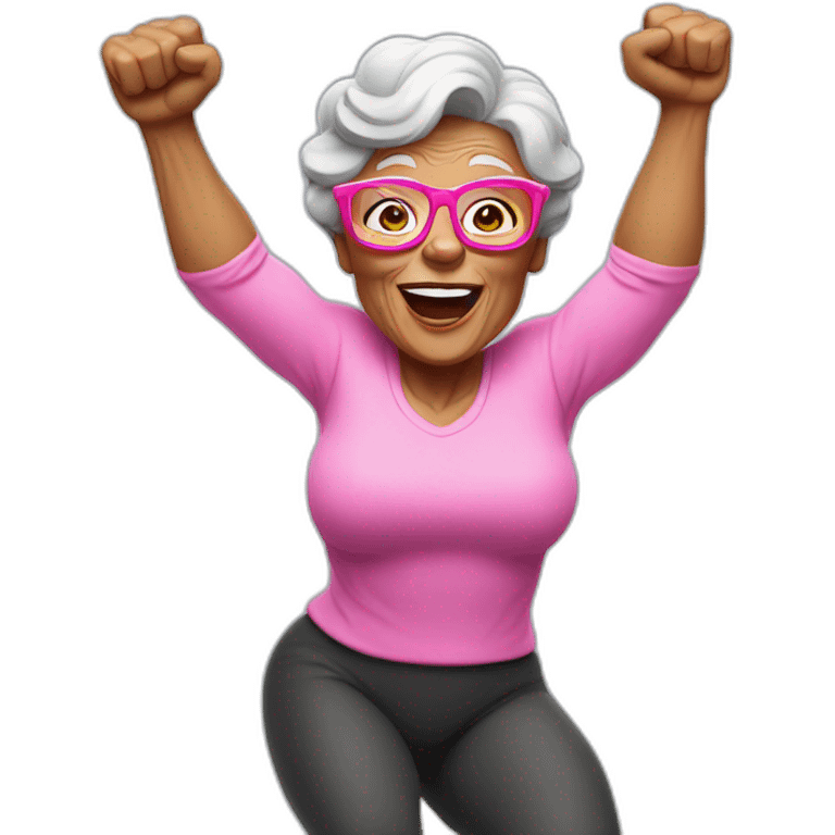 muscle grandma raise jump high with pink glasses emoji