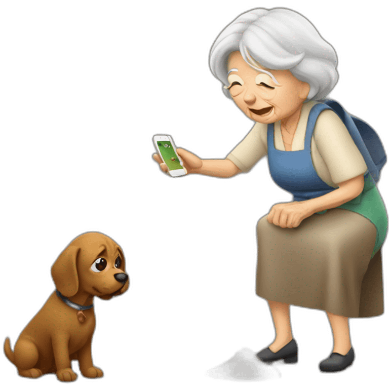 Old woman take picture of dog poop with iPhone  emoji