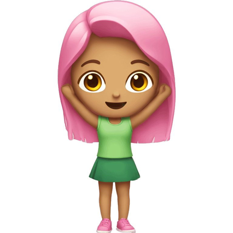 Girl wearing pink and green holding up pinky emoji