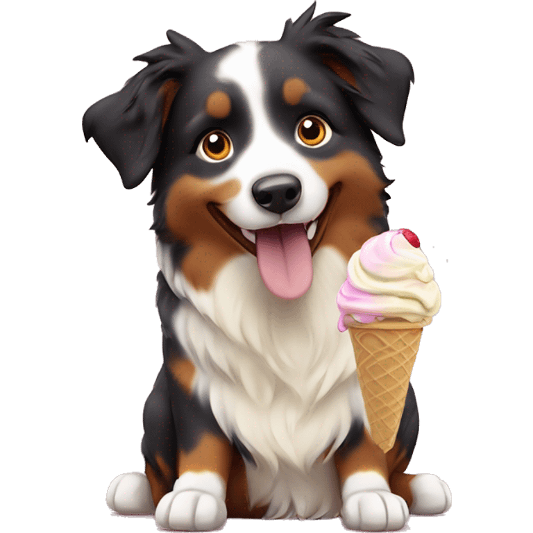 A mini Australian Shepherd  eating ice cream￼ emoji