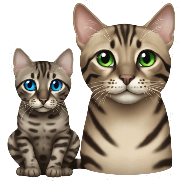 Seal Bengal CAT with Blue eyes with a charcoal Sepia bengal cat with Green eyes sitting  emoji