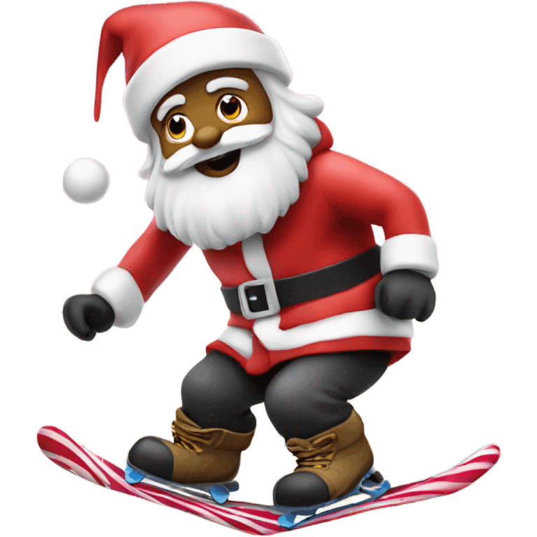 Santa snowboarding with a candy cane emoji