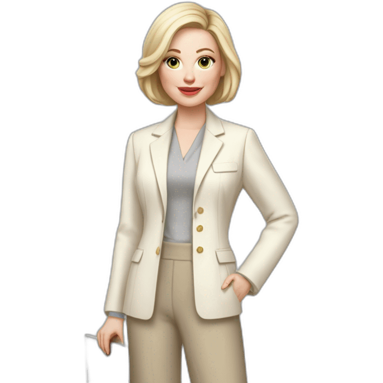 pale skin woman with ash blonde Straightened bob Hair, White Spacious classical jacket, beige palazzo Arrow pants and gray blouse holding a MacBook in the hands emoji