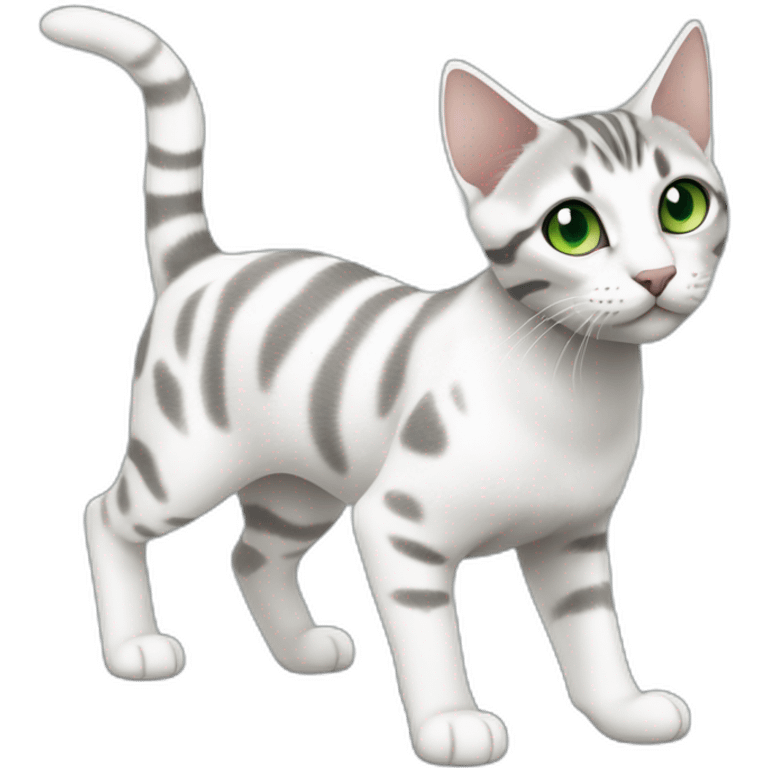 light white and grey domestic shorthair tabby with green and blue eyes black pupils, walking and playing emoji