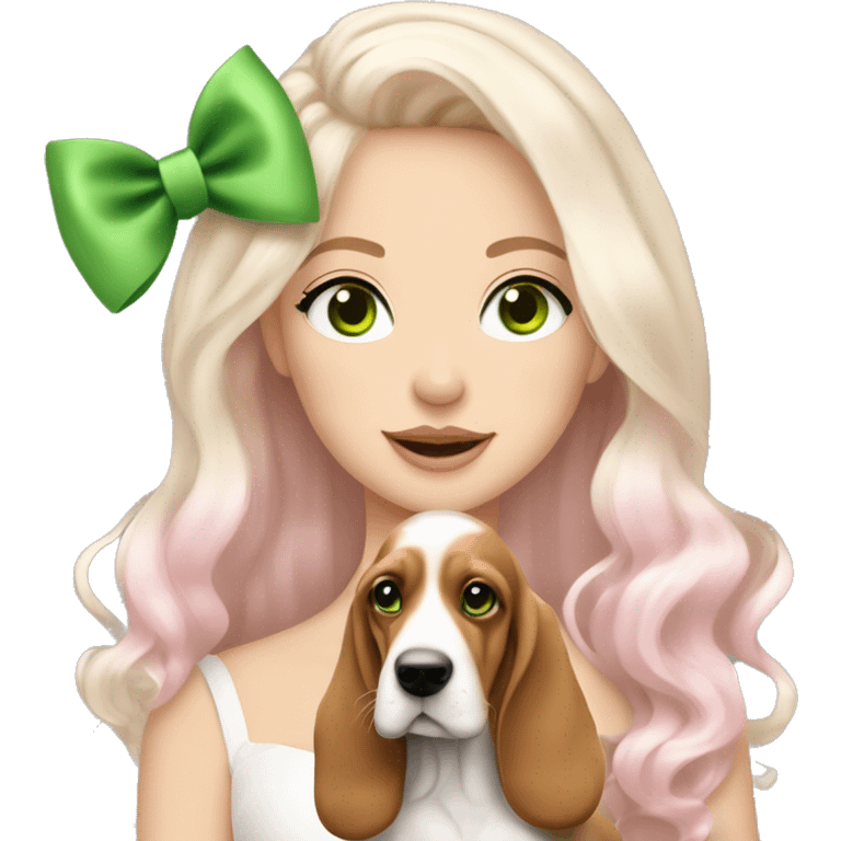 pale blonde girl with long platinum white wavy hair with bright green eyes and wearing a light pink hair bow holding a brown and white basset hound puppy also wearing a hair bow emoji