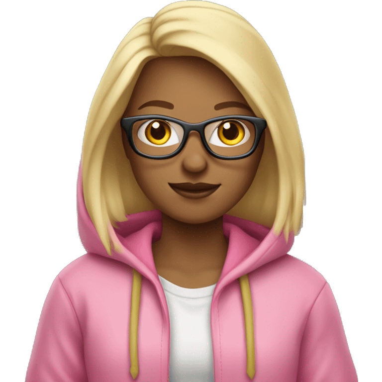 Blonde in a pink hoodie, glasses, loose hair and with an iPad in her hands emoji