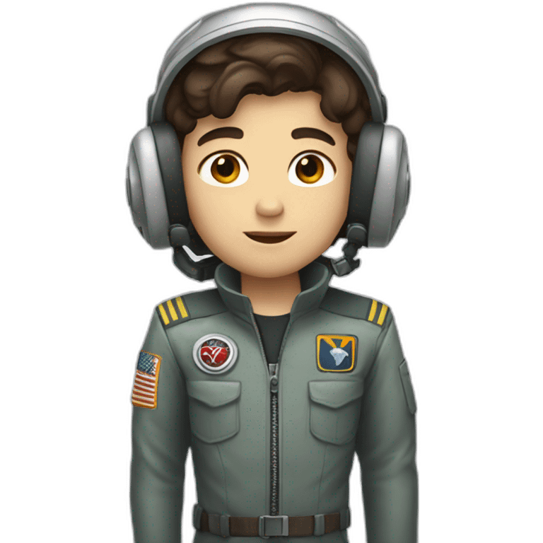 A white young boy with dark brown eyes and dark brown hair and a airplane pilot suit and a radio helmet emoji