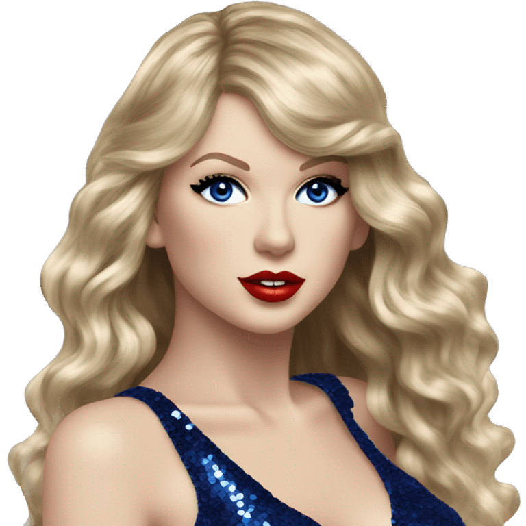 Realistic Taylor swift wearing navy blue glittery sequin bodysuit and long hair with red lipstick and blue eyes  emoji