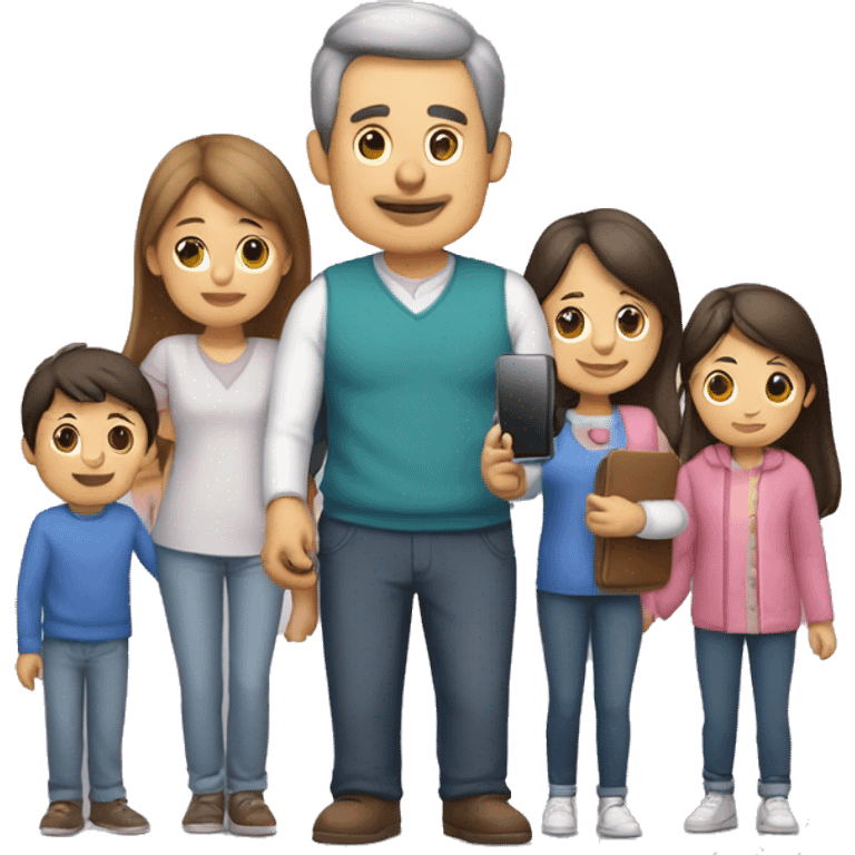 Papá con un iPhone en la mano, con su familia abrazándolo  emoji