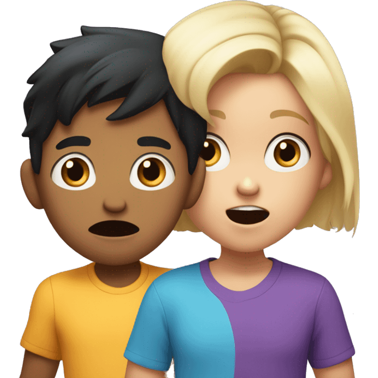 one cartoon characters, a young boy with black hair wearing a blue shirt and a young girl with blonde hair wearing a purple shirt, both covering their mouths with their hands in a surprised expression emoji