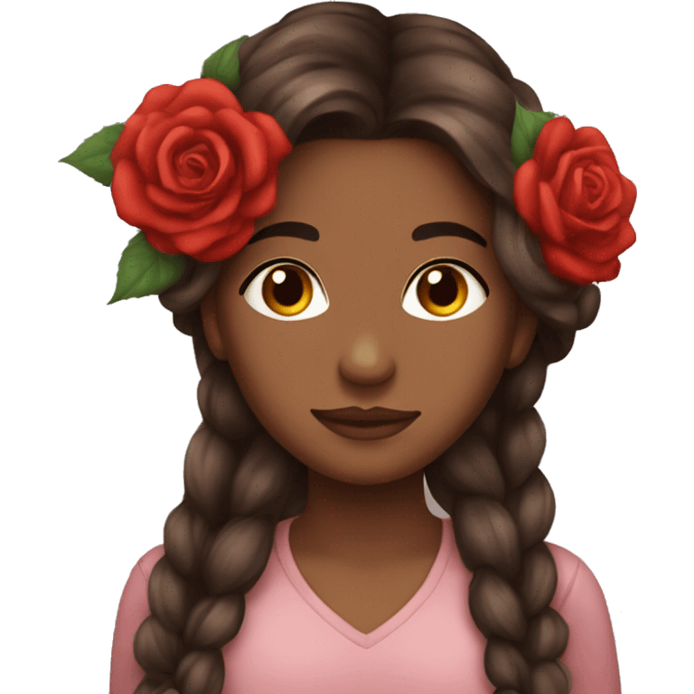 Beautiful, rose, red, flowers in hair, long dark brown hair, fair skin emoji