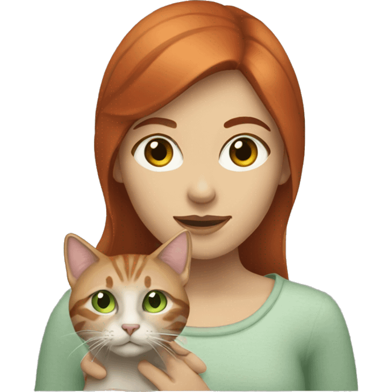 Red headed woman with brown eyes holding a light gray tabby cat that has green eyes emoji