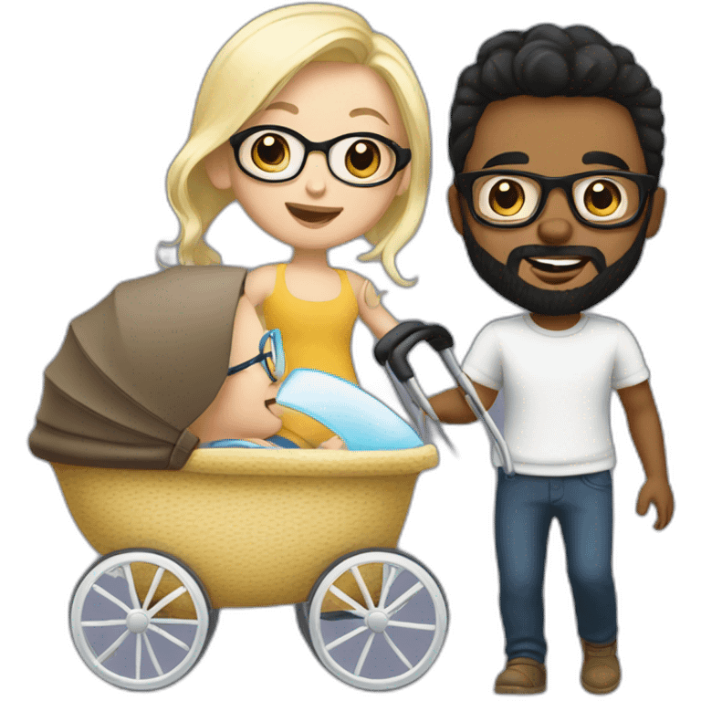 Black haired man with beard and glasses pushing buggy with blonde baby emoji