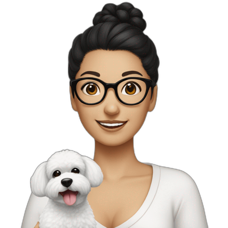 woman-black hair-bun-with glasses-with bichon dog-white-smile emoji