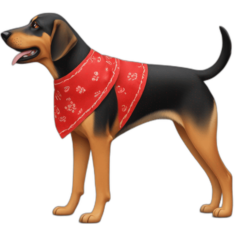 coonhound and German shepherd mix dog wearing red bandana and walking left emoji