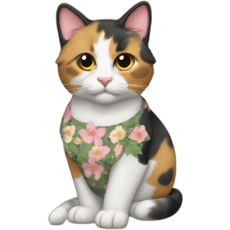 Purradise Meowscles is a buff calico cat  he has a mullet, a floral designed t shirt that is unbuttoned emoji