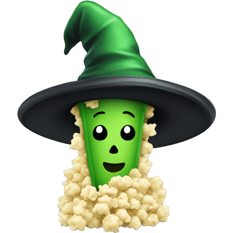 Green popcorn wearing witch hat  emoji