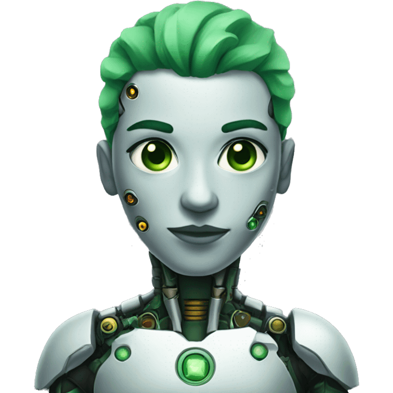 Cyborg with green eyes and green hair emoji