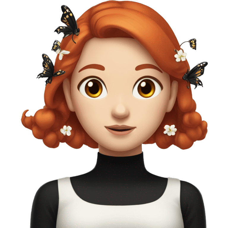 a girl with red hair with a black crab, wearing a black turtleneck over which a white blouse with dropped shoulders, earrings with butterflies, a long hairpin with small white flowers on two sides of her head emoji