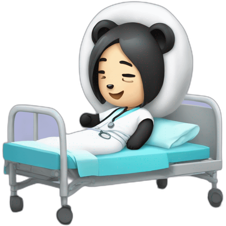 a panda human on a hospital bed, tired, heal tracker thingy, blanket, hospital staff emoji