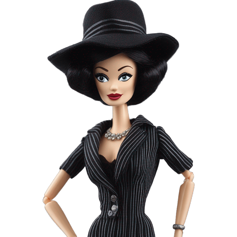 1926 Bouclé Beauty Lingerie Barbie, Morticia Addams from academy, in dark-gray and black striped outfit with hat. Driving 1965 Mercedes 190 emoji