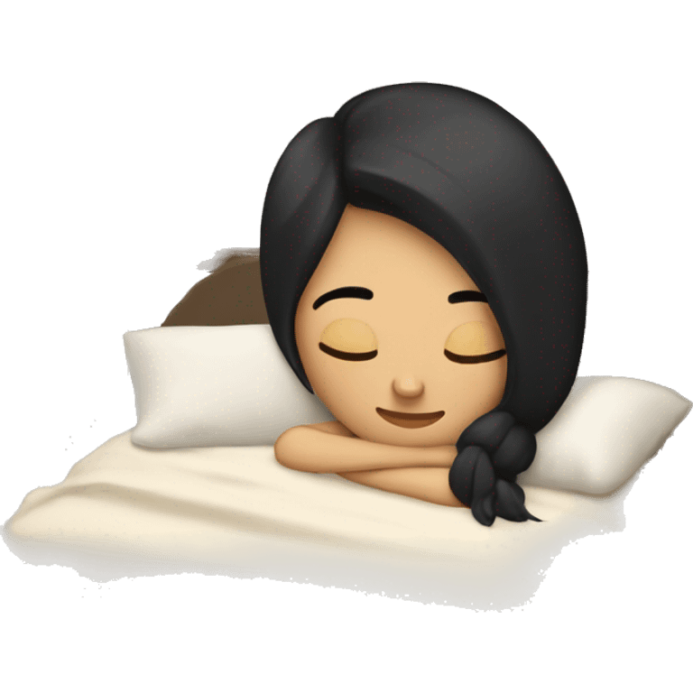 caucasian girl with black straight hair sleeping cozy in bed emoji