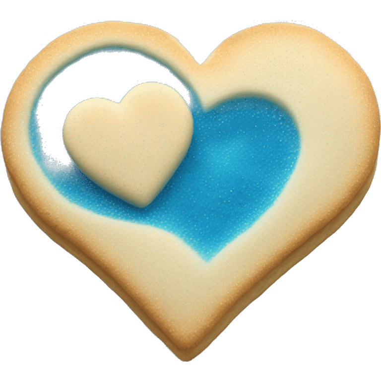 Realistic shortbread cookie in the shape of a heart with blue jelly middle filling and sprinkled powder sugar on top. emoji