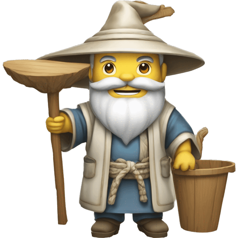 Lu Ban is a legendary figure in Chinese mythology, depicted as a clever craftsman often wearing wide robes, a broad-brimmed hat, and carrying woodworking tools. 🛠️🎩👕 emoji