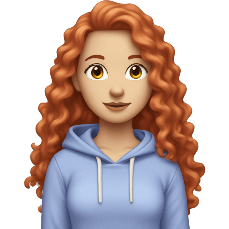 a white girl with long red curly hair, wearing a pastel periwinkle hoodie doing a pose emoji