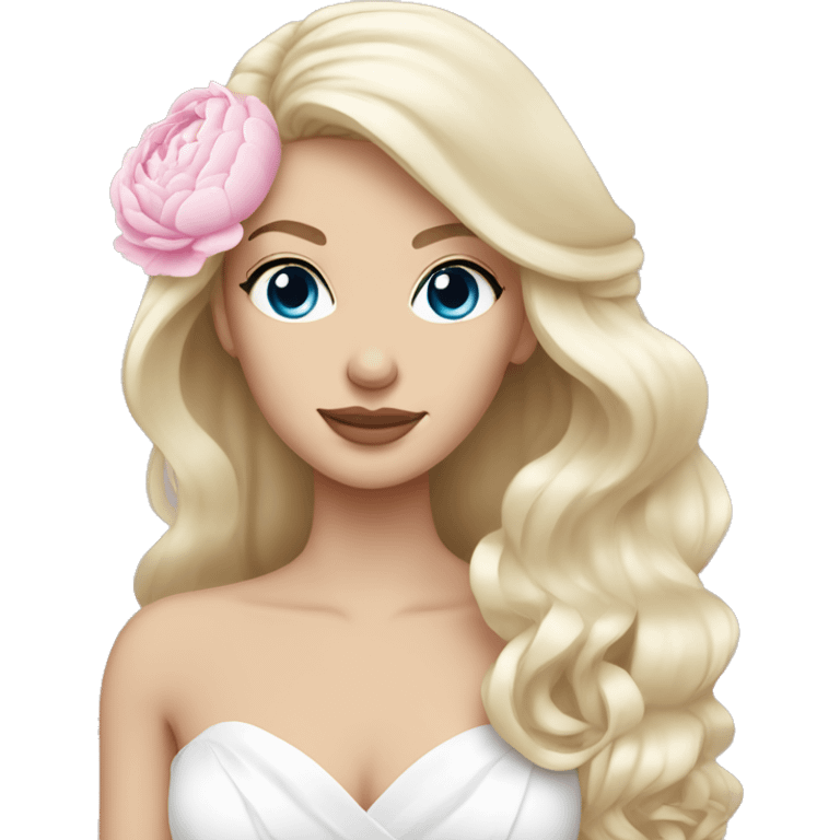 White bride with long light blonde hair and blue eyes with light pink peonies in hair white skin  emoji