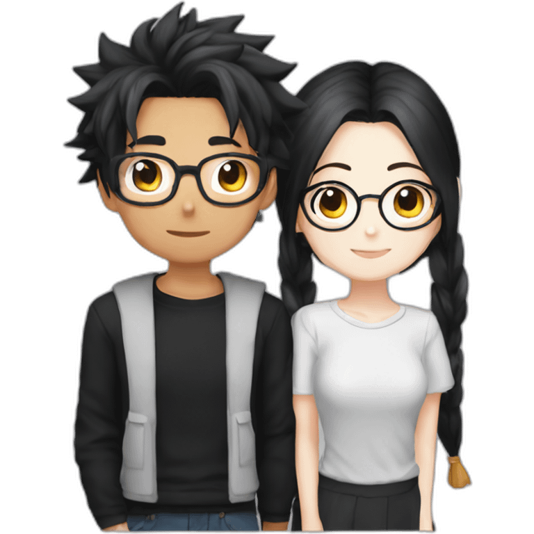 girl otaku redhead wearing glasses and black shirt with her saiyajin boyfriend black hair emoji