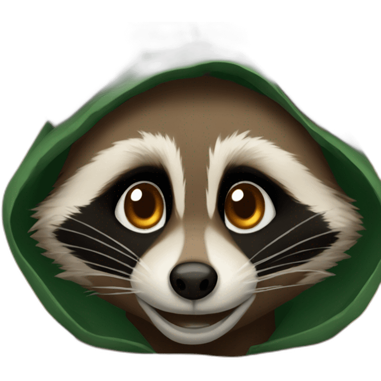 brown raccoon with orange eyes and a dark green hood that smile emoji