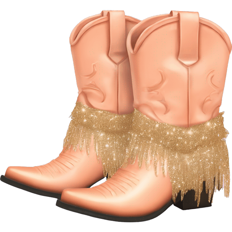 Realistic peach color pair of fashion cowgirl boots with sparkly shiny glitter fringe on them. emoji