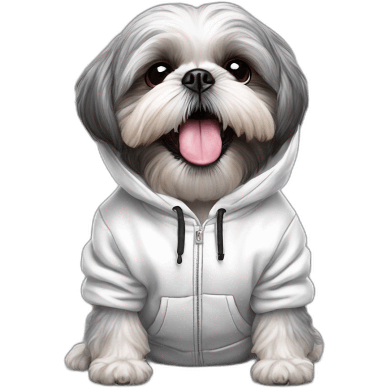 grey shih tzu tongue out with white dinosaur hoodie emoji