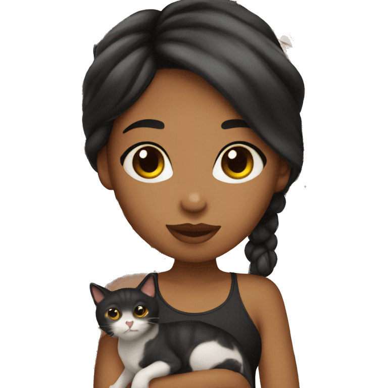 Brown Skin Girl with black hair holding a cat wearing lashes emoji