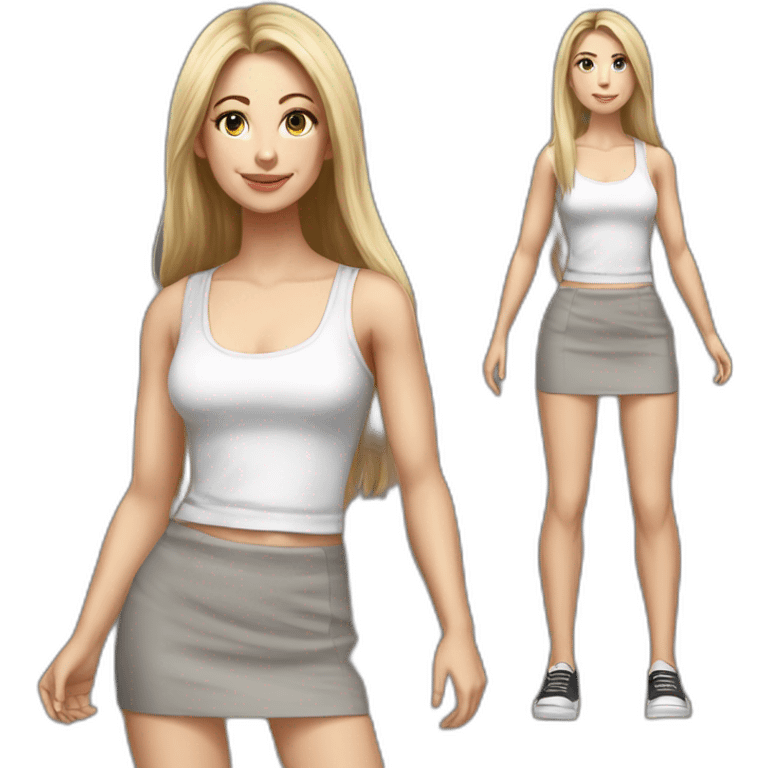 caucasian woman, with long straight hair, blonde hair, brown eyes, white tank top, gray tight mini skirt, black shoes, full body, hyperrealist drawing emoji