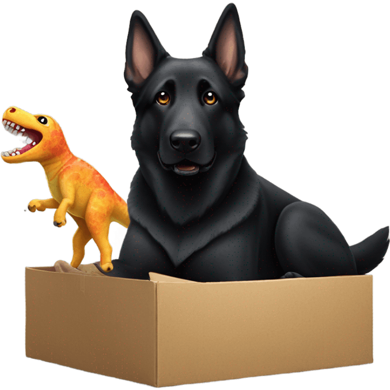 All black German shepherd with toy dinosaur emoji