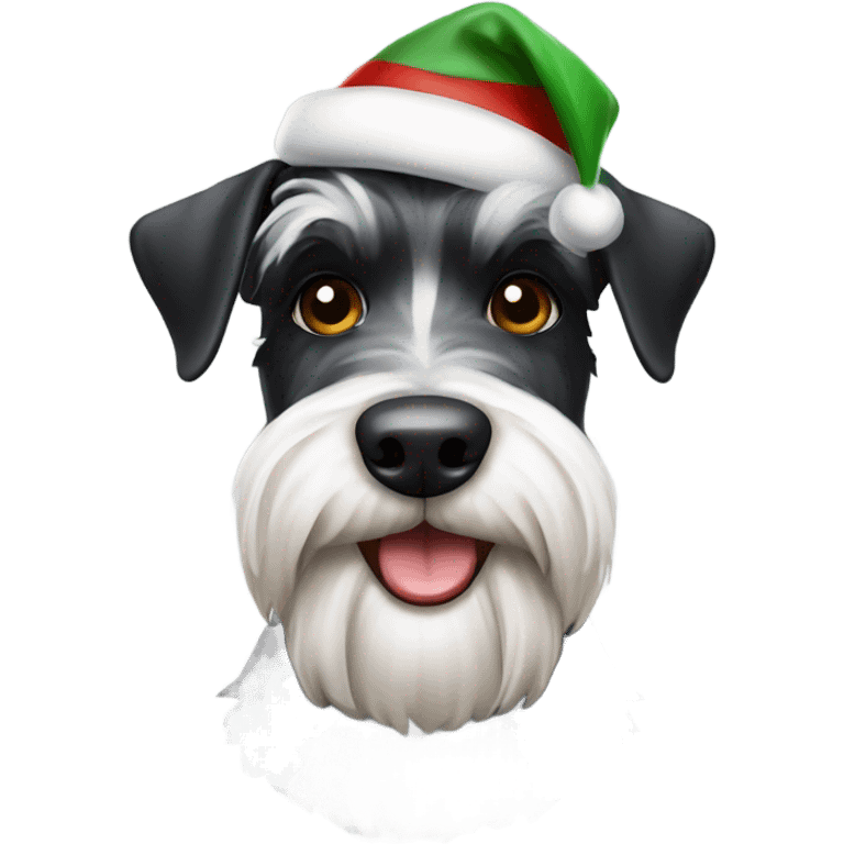 Spotted black and white schnauzer with Christmas hat emoji