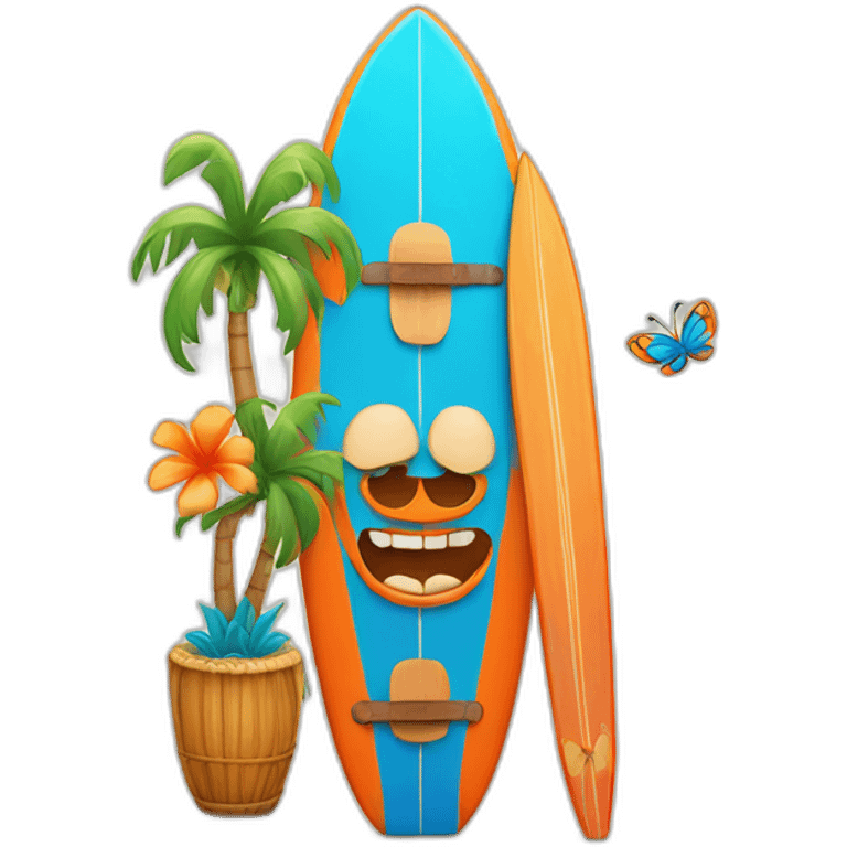 Cartoon Blue and orange smiling tiki with butterfly and surfboard emoji