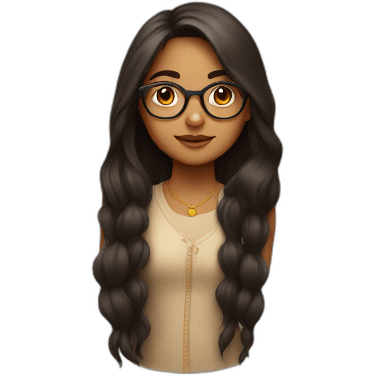 An Indian girl with a round face and long hair and old school glasses emoji