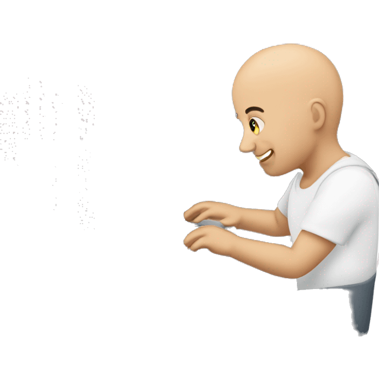 bald man wearing a baby in a baby carrier typing on computer. he shold bestanding with the baby on the front emoji