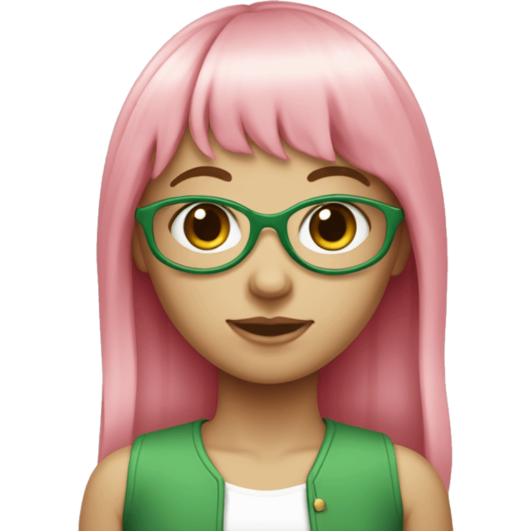 A white skin color girl who has long pink hair and bangs with green at the tips  emoji