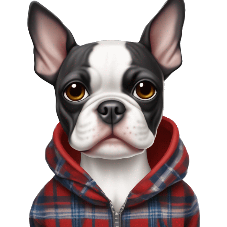 Boston terrier in a blue white red plaid hoodie ￼ emoji