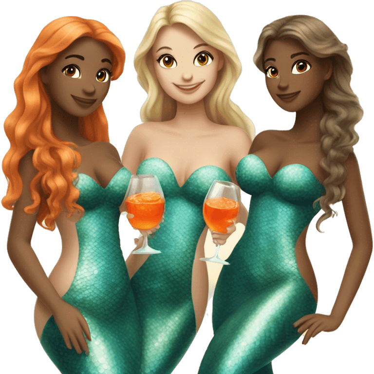 Three beautiful mermaids (two brown hair and blond one) drinking aperol emoji