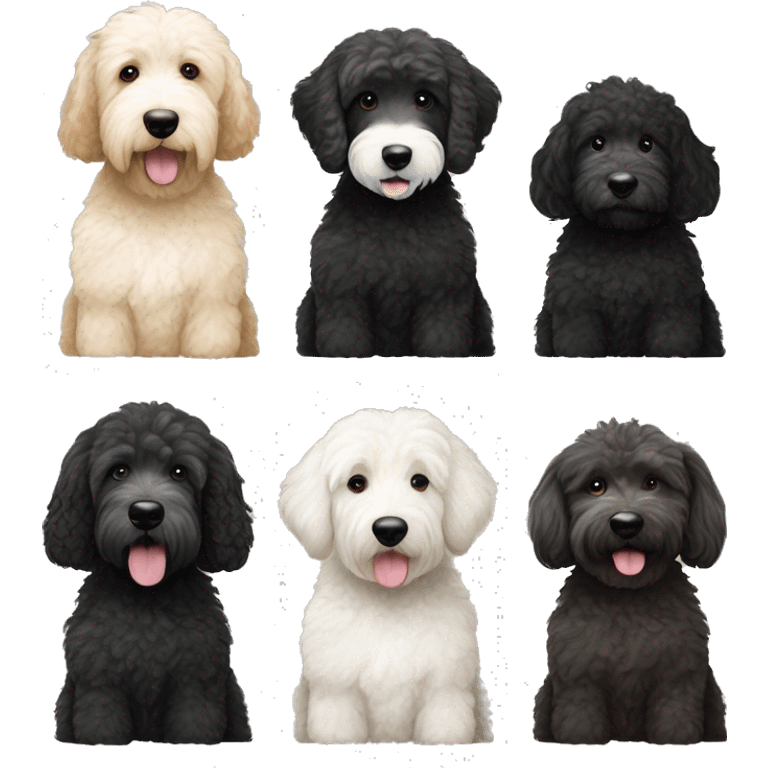 Black goldendoodle, black goldendoodle with white patch on chest, cream golden doodle and black and white mini Sheepadoodle emoji