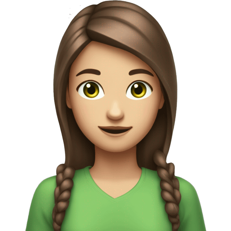 A girl with brown hair and a pink streak and green eyes, who holds a phone and it shines on her face, with a smile-smirk emoji