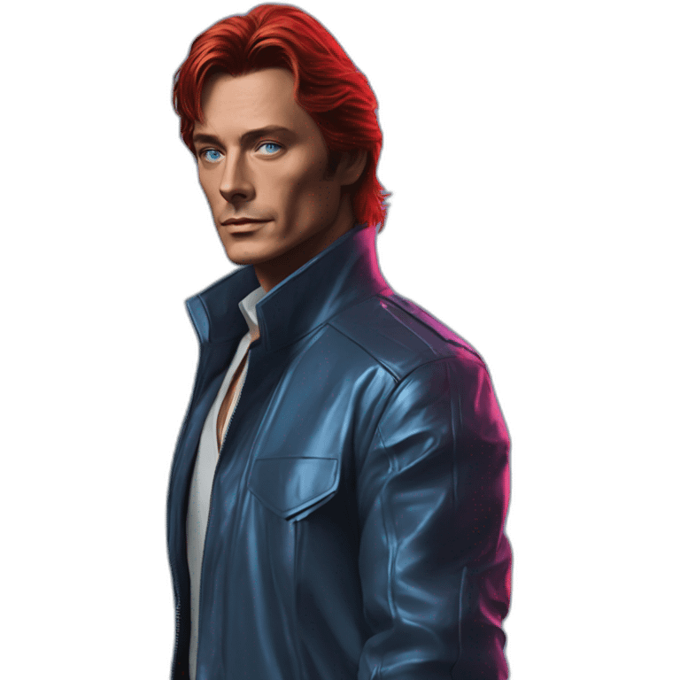 Alain delon neon cyberpunk blue eyes red hair full body emoji